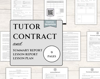 May include: A set of nine printable forms for tutoring services. The forms include a tutoring intake form, invoice, lesson plan, tutor contract, summary report, lesson report, and tutoring summary. The forms are designed in a simple, modern style with a black and white color scheme.
