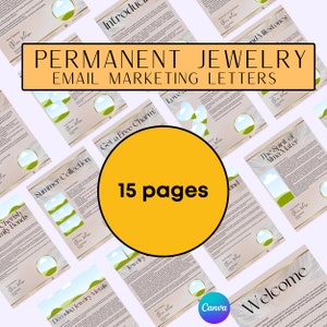 Op de afbeelding: Een verzameling van 15 e-mailmarketingbrieven voor een juwelierszaak. De brieven zijn ontworpen met een lichtbruine achtergrond en bevatten illustraties van natuurscènes. De titel "PERMANENT JEWELRY EMAIL MARKETING LETTERS" wordt weergegeven in een gele doos.