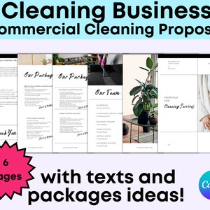 May include: A six-page cleaning business proposal template with text and package ideas. The template includes a thank you page, a page with cleaning packages, a page with the cleaning team, a proposal page, and a page with a business card. The template is designed in Canva.