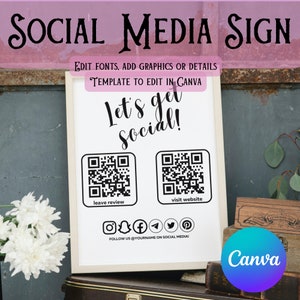 Social Media Sign Template QR Code Sign Editable Small Business Sign Printable Instagram Facebook Follow Us Sign Leave us a Review