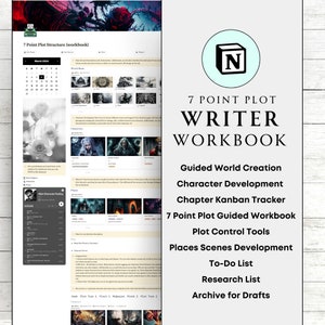 May include: A digital workbook for writers, featuring a 7-point plot structure, guided world creation, character development, and chapter tracking tools. The workbook is designed to help writers plan and organise their stories.