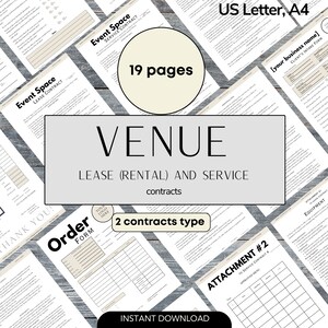 Op de afbeelding: Een verzameling huur- en servicecontracten voor evenementenlocaties. De afbeelding toont 19 pagina's en 2 contracttypen, inclusief bestelformulieren en klantintakeformulieren. De tekst "Venue Lease (Rental) and Service Contracts" is zichtbaar.