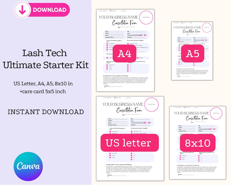 different sizes  lash tech forms 
Consultation form size us letter
intake form us letter
Consultation form size a4
intake form a4
Consultation form size a5
intake form a5
Consultation form size 8x10inch
intake form 8x10inch
