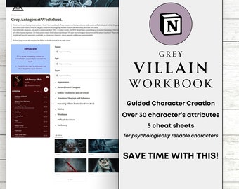Notion Template for Writer Gift Villain Workbook Antagonist Worksheet Writer Organizer Novel Planning Grey Antagonist Character Design