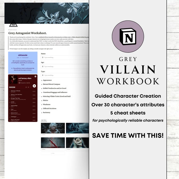 Notion Template for Writer Gift Villain Workbook Antagonist Worksheet Writer Organizer Novel Planning Grey Antagonist Character Design