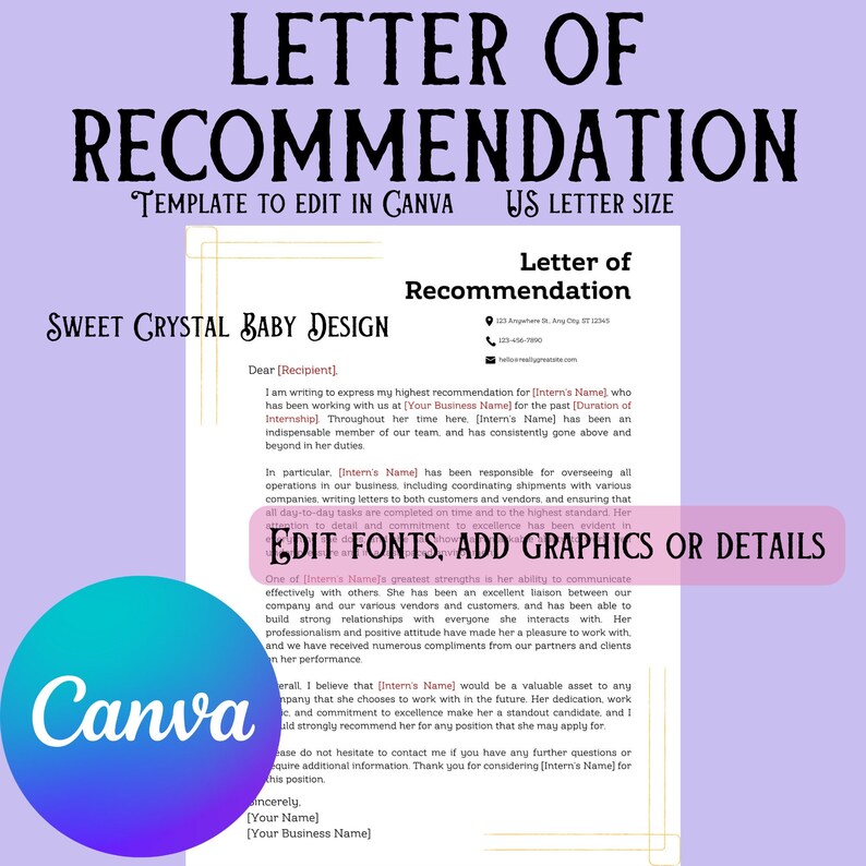 Letter of Recommendation Intern Template Girlboss Printable Editable ...