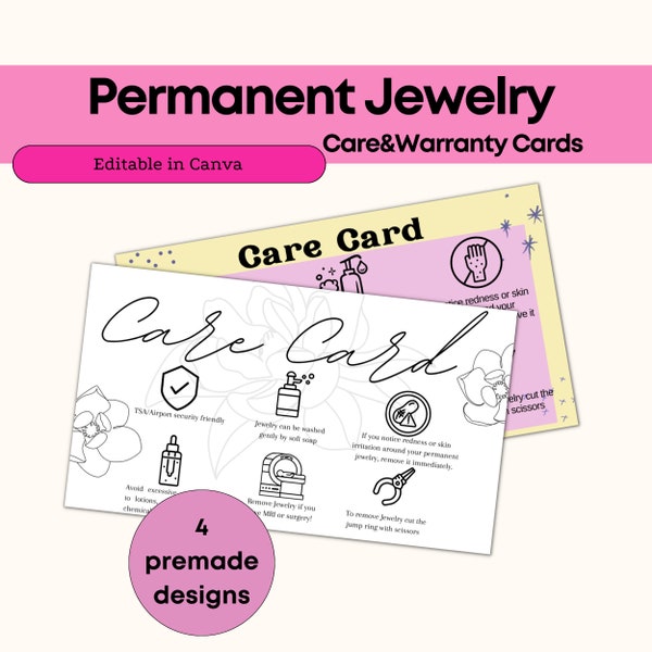 Permanent Jewelry Care Card Bundle Permanent Jewelry Business Bundle Warranty Card Template Permanent Jewelry Business Starter Documents