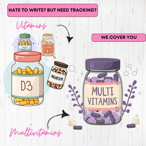 May include: Illustration of different types of vitamins in bottles, including omega, vitamin C, magnesium, vitamin D3, and multivitamins. The text "HATE TO WRITE? BUT NEED TRACKING?" is at the top of the image. The text "WE COVER YOU" is at the top right of the image. The text "Vitamins" is at the top left of the image. The text "Multivitamins" is at the bottom left of the image.