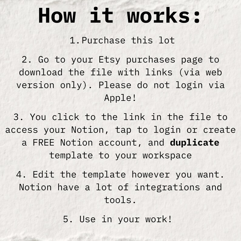 May include: A text-based image explaining how to use a digital product. The image includes the text "How it works:" and numbered steps for purchasing, downloading, and using the product.
