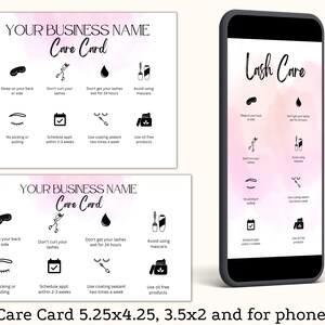 care card for eyelash extensions, eyelash, eyelashes aftercare in different sizes include version for print and care card for iPhone for lash tech clients