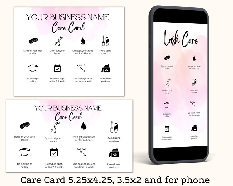 care card for eyelash extensions, eyelash, eyelashes aftercare in different sizes include version for print and care card for iPhone for lash tech clients