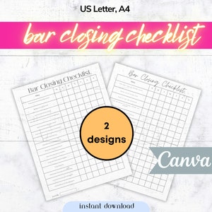 Bar Closing Checklist Bar End Shift Cleaning List Bar Cleaning log Bar Templates Bartender Checklist Template Bartender SOP Printable Canva
