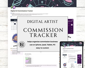 Może przedstawiać: Szablon śledzenia zleceń sztuki cyfrowej w kolorowym, retro stylu. Szablon zawiera kalendarz, pasek postępu i sekcję na notatki. Tekst "Digital Artist Commission Tracker" jest wyświetlany dużymi, pogrubionymi literami.