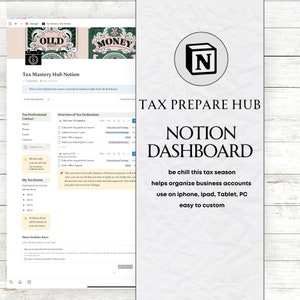 Puede incluir: Una captura de pantalla de un tablero de Notion para la preparación de impuestos. El tablero se titula "Tax Prepare Hub Notion Dashboard" e incluye secciones para "Tax Professional Contact", "Overview of Tax Deductions", "My Tax Forms" y "More Freebies Here". El tablero está diseñado para ayudar a los usuarios a organizar sus cuentas comerciales y prepararse para la temporada de impuestos.