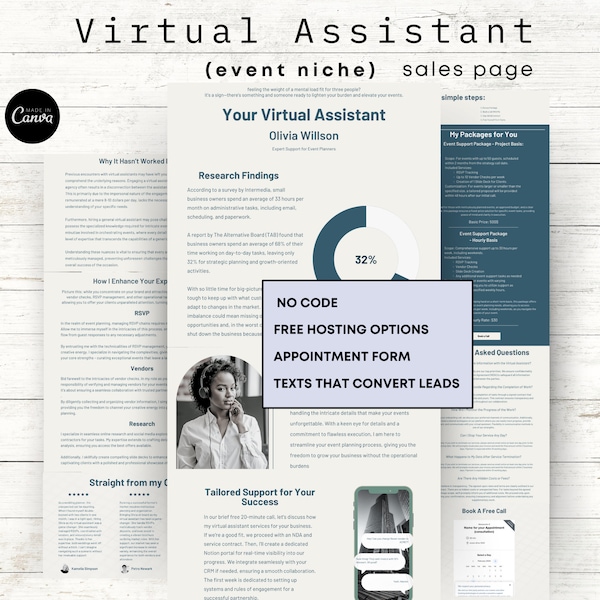 Event Planning Virtual Assistant Landing Page Professional Sales Page Virtual Assistant Event Niche VA Sales Funnel Converting Sales Page