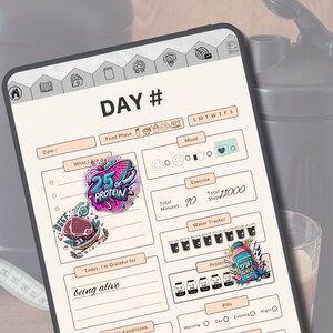 May include: A daily planner with a pink and blue sticker that says "25% of Protein". The planner has sections for tracking food, mood, exercise, water intake, protein, pills, and notes for the doctor. It also has a section for tracking health conditions, including pain, sugar, blood pressure, dumping syndrome, and toilet usage.