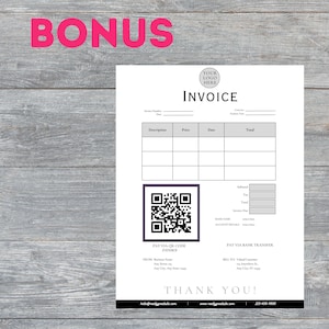 May include: A black and white invoice template with a QR code for payment. The invoice includes sections for description, price, date, and total. It also includes payment information for Venmo and bank transfer.
