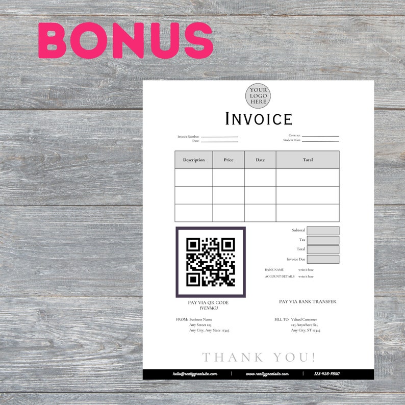 May include: A black and white invoice template with a QR code for payment. The invoice includes sections for description, price, date, and total. It also includes payment information for Venmo and bank transfer.