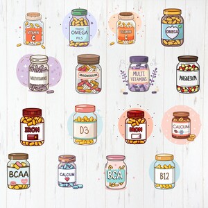 May include: An illustration of 15 different types of vitamins and supplements in glass jars with labels. The jars are arranged in a grid pattern on a white wooden background. The labels include the names of the vitamins and supplements, such as Vitamin C, Omega Pils, Magnesium, Multi Vitamins, Iron, D3, Calcium, BCAA, and B12.