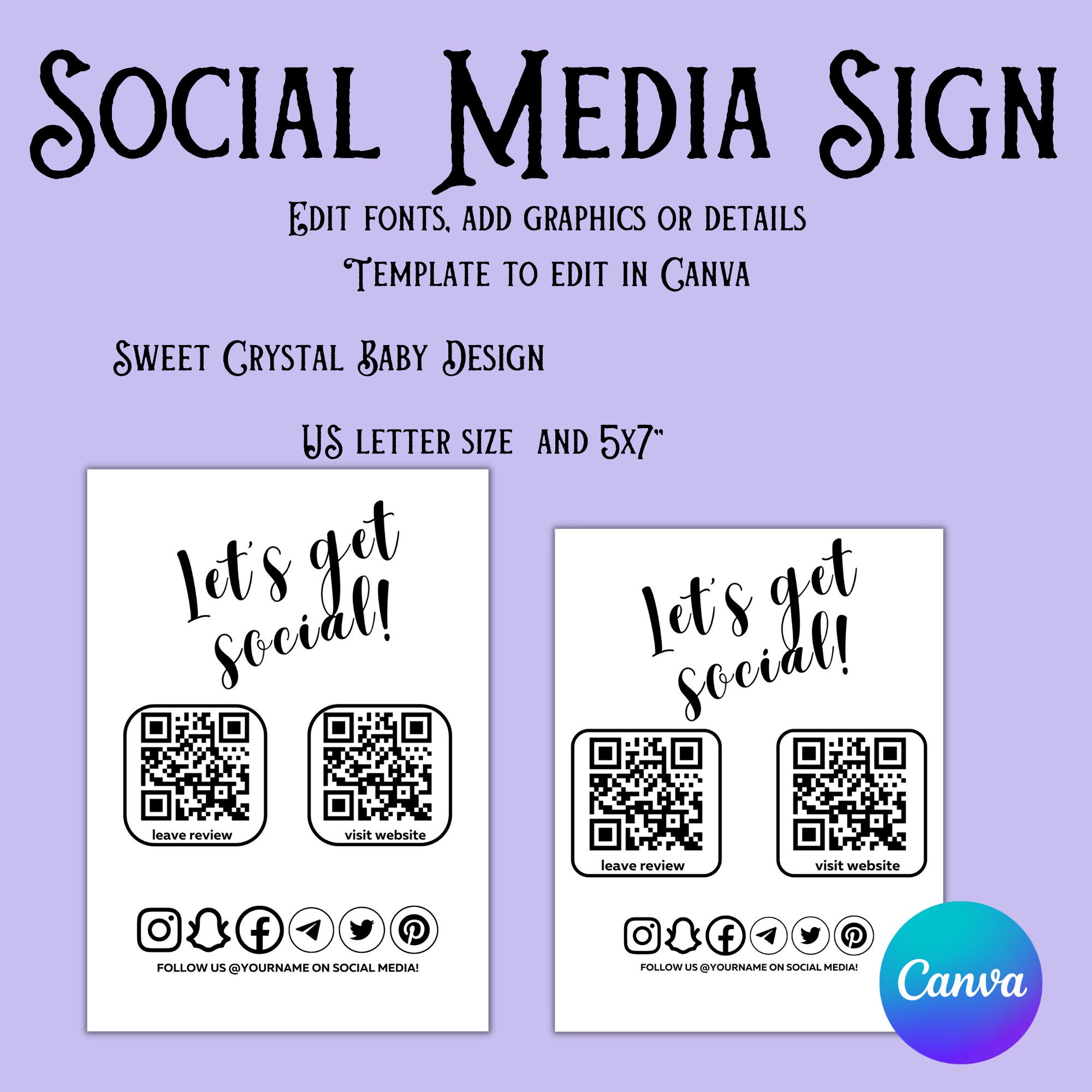 Social Media Sign Template QR Code Sign Editable Small - Etsy