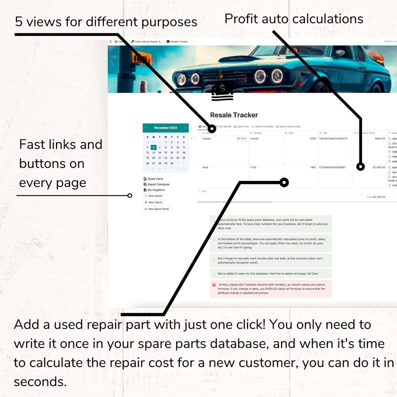 DIY car repair cost tracker
Indie auto workshop Notion templates
Car repair shop budgeting tools
Notion for vehicle maintenance
Notion car flip profit tracker
Small auto workshop business 

"Car parts cost management in Notion"
