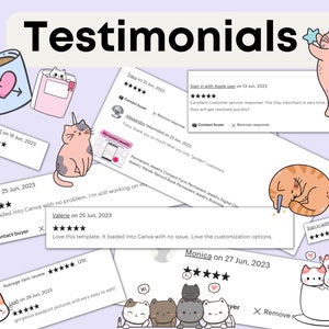 Puede incluir: Una colecci&oacute;n de rese&ntilde;as positivas de clientes para una tienda de Etsy, con calificaciones de cinco estrellas y comentarios que elogian el servicio al cliente del vendedor, la calidad del producto y la facilidad de uso. Las rese&ntilde;as se muestran en un fondo morado claro con lindos gatos de dibujos animados.