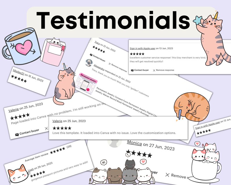 Puede incluir: Una colecci&oacute;n de rese&ntilde;as positivas de clientes para una tienda de Etsy, con calificaciones de cinco estrellas y comentarios que elogian el servicio al cliente del vendedor, la calidad del producto y la facilidad de uso. Las rese&ntilde;as se muestran en un fondo morado claro con lindos gatos de dibujos animados.