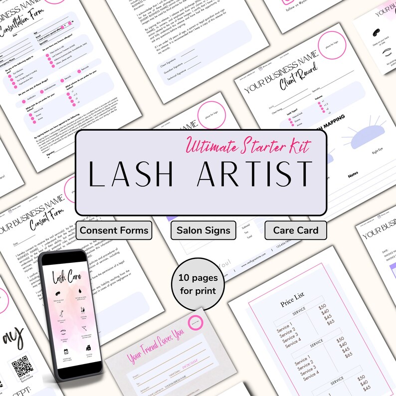 Lash tech document bundle with consent form, eyelash extensions forms , lash client record forms, lash extensions care card, lashes client record, scan to pay PayPal sig, scan to pay Venmo sign, invoice form, inventory log form, phone care card,