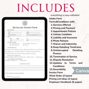 Mobile Detailing Service 9 Pages Auto Detailing Intake Form Vehicle Deep Cleaning Forms Auto Detailing Forms Work Order Form Price List