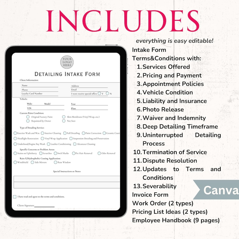 Mobile Detailing Service 9 Pages Auto Detailing Intake Form Vehicle Deep Cleaning Forms Auto Detailing Forms Work Order Form Price List