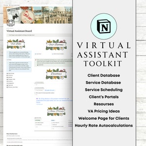May include: A virtual assistant toolkit with a blue and white N logo. The toolkit includes a client database, service database, service scheduling, client portals, resources, VA pricing ideas, a welcome page for clients, and hourly rate autocalculations.