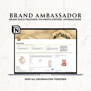 Pode incluir: Um ecrã de computador portátil que mostra um site com o texto "Brand Ambassador" e "Brand Deals Tracking | Payments Control | Interactions". O site foi concebido para ajudar a gerir acordos de marca e inclui um calendário, uma lista de tarefas e uma secção para acompanhar os pagamentos.