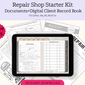 May include: A digital repair shop starter kit with printable documents and a digital client record book. The kit includes a vehicle inspection form, a vehicle technical assessment report, a receipt template, an invoice template, and a client record book with sections for home, license, policy, pricing, promo, supplies, and appointments. The kit is available for instant download in US Letter, A4, A5, and 8x10 inch sizes.