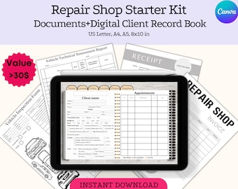 Könnte beinhalten: Ein digitales Reparatur-Shop-Starter-Kit mit druckbaren Dokumenten und einem digitalen Kundenbuch. Das Kit enthält ein Fahrzeug-Inspektionsformular, einen technischen Fahrzeugbewertungsbericht, eine Quittungsvorlage, eine Rechnungsvorlage und ein Kundenbuch mit Abschnitten für Zuhause, Lizenz, Richtlinie, Preisgestaltung, Promotion, Zubehör und Termine. Das Kit steht zum sofortigen Download in den Formaten US Letter, A4, A5 und 8x10 Zoll zur Verfügung.