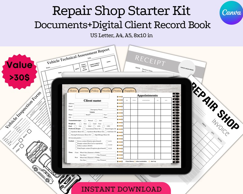 May include: A digital repair shop starter kit with printable documents and a digital client record book. The kit includes a vehicle inspection form, a vehicle technical assessment report, a receipt template, an invoice template, and a client record book with sections for home, license, policy, pricing, promo, supplies, and appointments. The kit is available for instant download in US Letter, A4, A5, and 8x10 inch sizes.