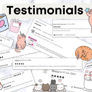 May include: Screenshots of Etsy shop reviews with five-star ratings and positive comments. The reviews are from customers who purchased digital products, such as templates and printable forms. The reviews are accompanied by cute cartoon cats.