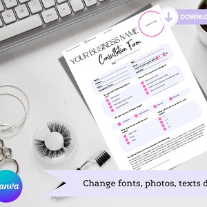lash tech template consultation form with eyelashes and extensions tools.
client intake form
