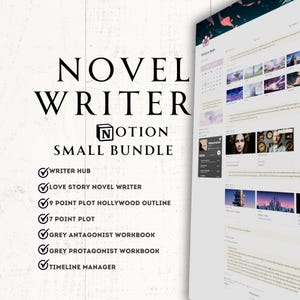 Op de afbeelding: Een digitale afbeelding van een computerscherm met een Notion-werkruimte met de titel "Novel Writer Small Bundle". De werkruimte bevat een lijst met resources voor schrijvers, waaronder "Writer Hub", "Love Story Novel Writer", "9 Point Plot Hollywood Outline", "7 Point Plot", "Grey Antagonist Workbook", "Grey Protagonist Workbook" en "Timeline Manager".