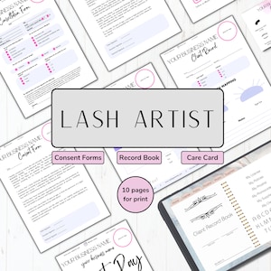 May include: A set of printable forms for lash artists, including a consent form, client record, and care card. The forms are designed in a pink and white colour scheme with a modern, minimalist aesthetic. The text on the forms includes "Your Business Name", "Consent Form", "Client Record", and "Care Card".