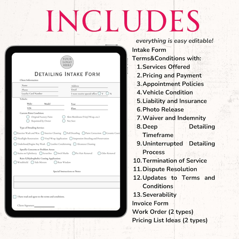 Car Detailing Premium Forms Vehicle Detailing Pricing Form Auto Detailing Business Work Order Template Professional Car Wash Forms Car Care