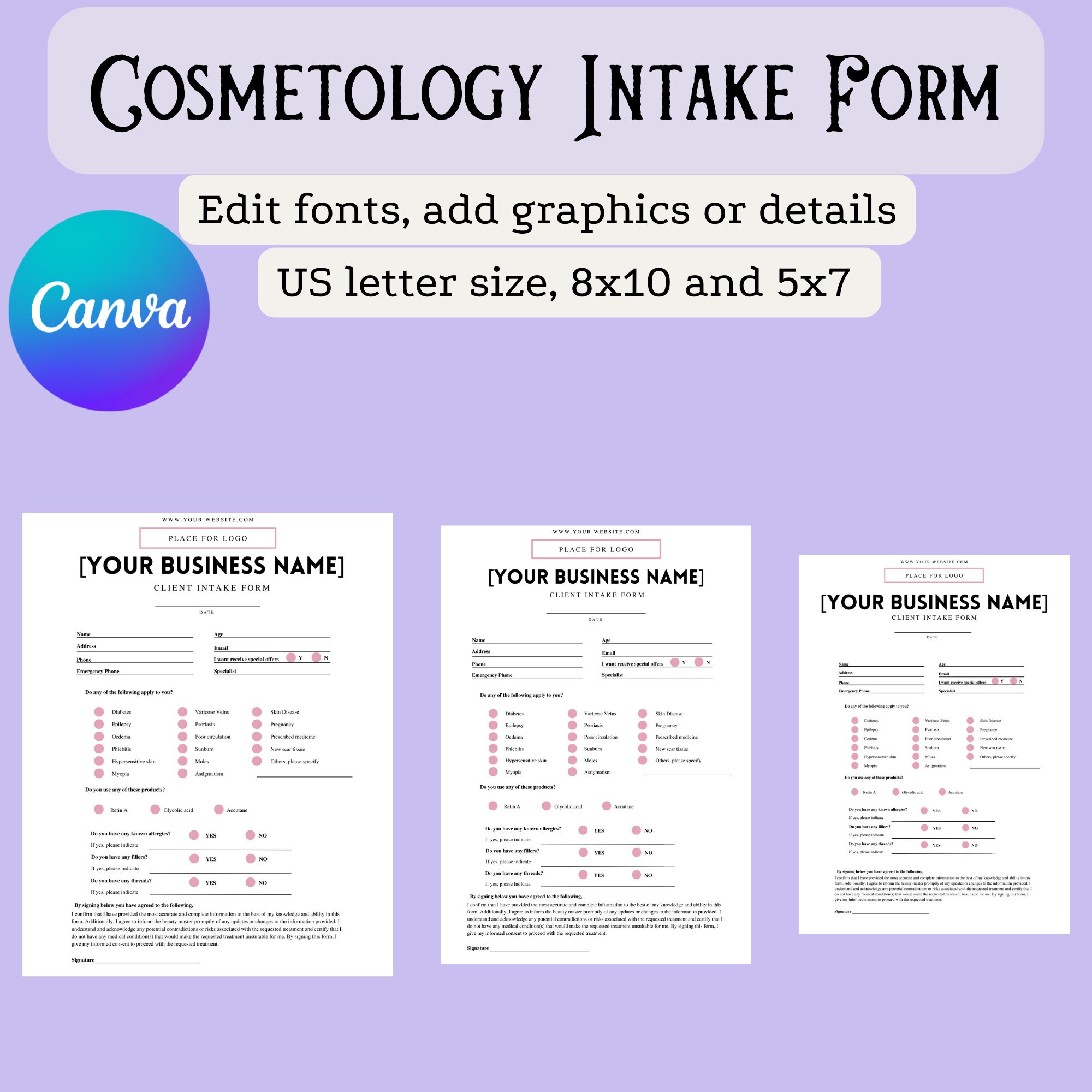 Salon Forms Client Intake Form Small Business Forms Cosmetology Intake ...