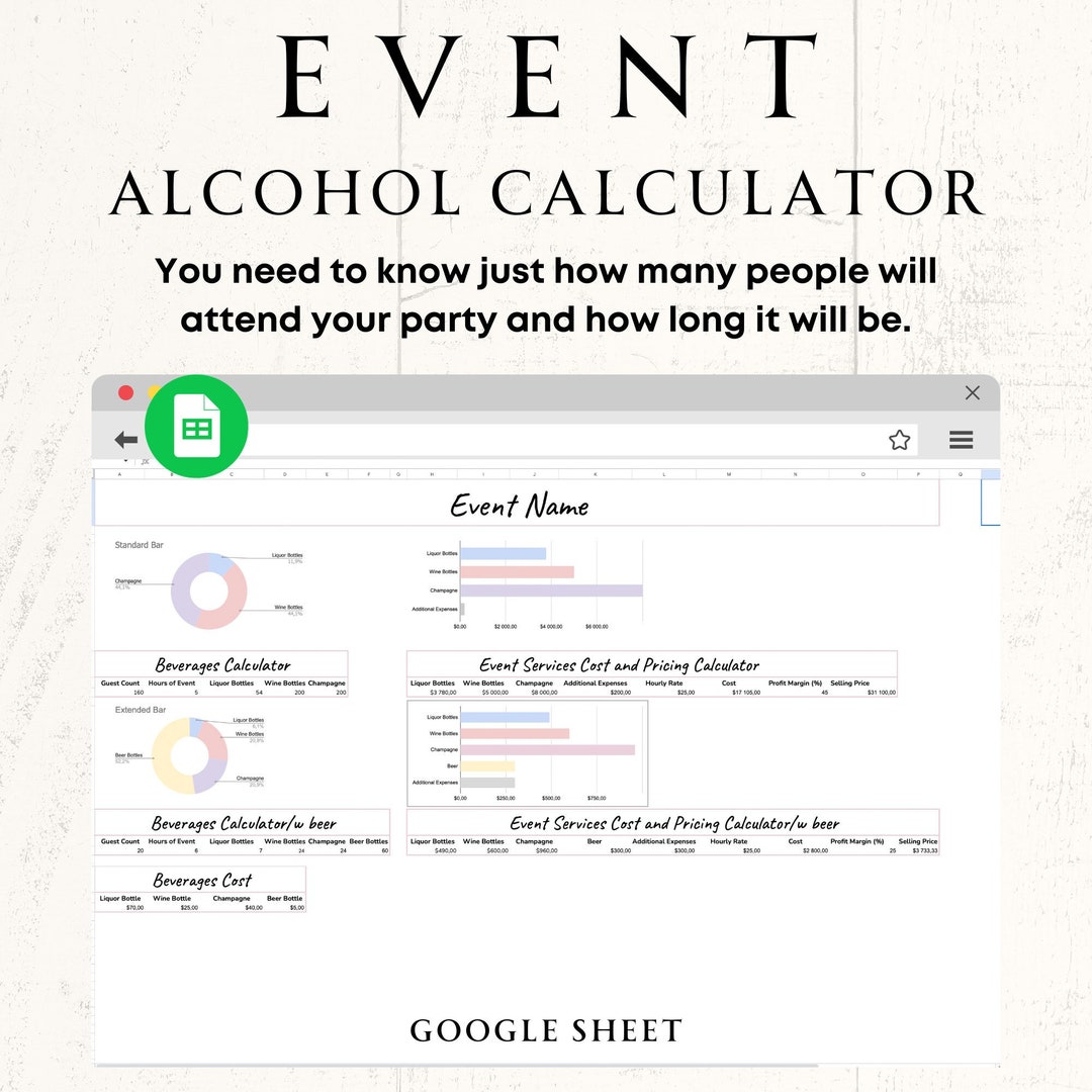 Mobile Bartender Event Bottles Calculator Google Sheet Cost Profit