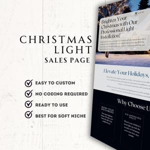 以下が含まれることがあります： クリスマスライトの設置サービスのウェブサイト販売ページ。ページには、カスタマイズが簡単、コーディング不要、すぐに使える、ソフトニッチに最適など、利点のチェックリストが掲載されています。ページには、「プロの照明設置でクリスマスを明るくしましょう！」という行動喚起と、「ホリデーを盛り上げよう」というセクションも含まれています。