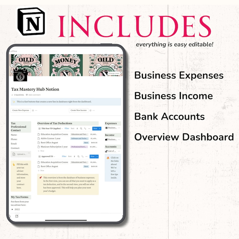 Op de afbeelding: Een screenshot van een Notion-pagina met de titel "Tax Mastery Hub Notion". De pagina bevat secties voor "Contact fiscaal professional", "Overzicht van belastingaftrek", "Uitgaven", "Inkomsten", "Rekeningen" en "Mijn belastingformulieren". De pagina bevat ook een notitie met de tekst "Dit is een snelle knop die een nieuwe regel in de database rechtstreeks vanuit het dashboard maakt."