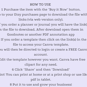 May include: A white background with black text explaining how to use a digital product purchased on Etsy. The text includes instructions on how to download the file, access the product, and use it.