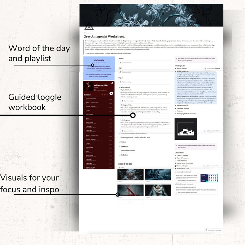 Notion Template for Writer Gift Villain Workbook Antagonist Worksheet Writer Organizer Novel Planning Grey Antagonist Character Design