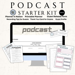 Puede incluir: Una pantalla de ordenador que muestra un panel de control de podcast con el texto "podcast" en un círculo gris. La pantalla está rodeada de documentos imprimibles, incluyendo un formulario de lanzamiento de podcast para invitados, consejos de grabación para invitados y una tarjeta de agradecimiento para invitados. Los documentos están en un esquema de color rosa claro y gris.