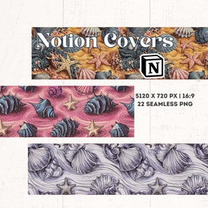 May include: A set of 22 seamless digital paper patterns featuring a beach theme with seashells, starfish, and ocean waves in various colours. The patterns are 5120 x 720 pixels and are perfect for use in digital design projects.