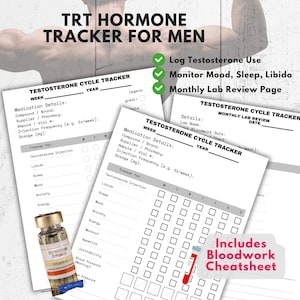 Puede incluir: Un rastreador imprimible para monitorear los niveles de testosterona. El rastreador incluye secciones para detalles de la medicación, frecuencia de inyección, dosis y seguimiento diario de la inyección de testosterona, libido, sueño, estado de ánimo, ansiedad, energía, entrenamiento, apetito, irritabilidad, presión arterial y otros factores. El rastreador también incluye una página de revisión mensual de laboratorio y una hoja de trucos para análisis de sangre.