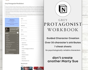 Notion Template for Writer Gift Protagonist Workbook Grey Main Character Worksheet Writer Organizer Novel Planning Character Design